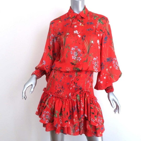 Alexis Mini Dress Rianna Red Floral Print Smocked Satin Size Extra Small - Picture 1 of 7